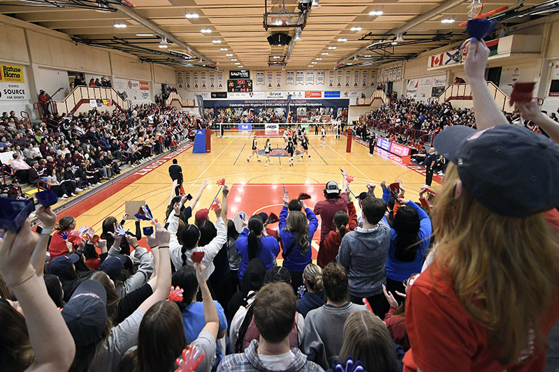 A view from the far side of the court during a well-attended volleyball game. People in front of the camera are waving bells and noisemakers.